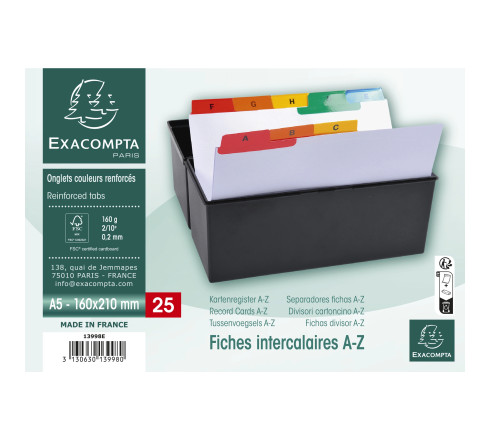 Intercalaires pour boite à fiches, imprimés de A à Z carte blanche 160g 25 compartiments- A5