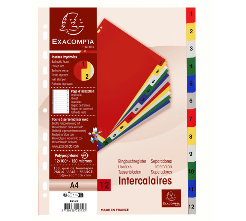 Intercalaires imprimés numériques polypropylène 12/100e - 12 positions - A4