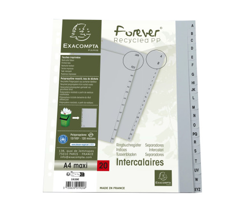 Intercalaires imprimés alphabétiques PP recyclé gris - AZ 20 positions - A4 Maxi