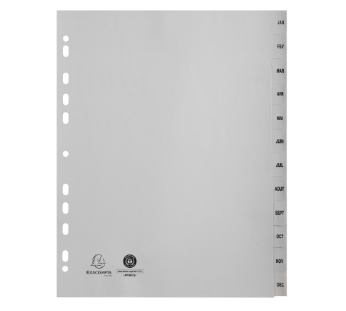 Intercalaires imprimés mensuels PP recyclé gris Janvier-Décembre 12 positions - A4 Maxi