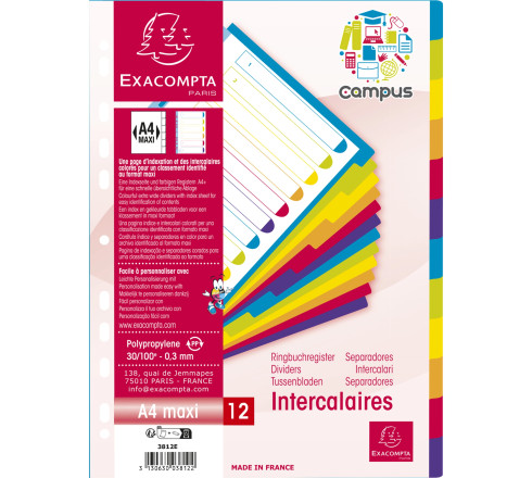 Intercalaires en polypropylène 12 positions Campus - A4 Maxi