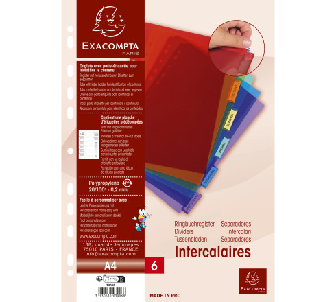 Intercalaires PP transparent couleurs avec porte étiquette A4 6 positions