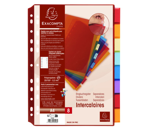 Intercalaires PP transparent couleurs avec porte étiquette A4 8 positions