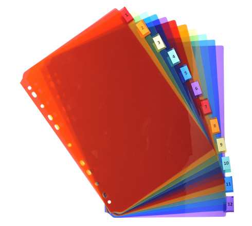 Intercalaires PP transparent couleurs avec porte étiquette A4 12 positions