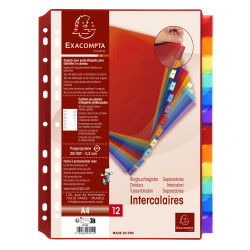 Intercalaires PP transparent couleurs avec porte étiquette A4 12 positions