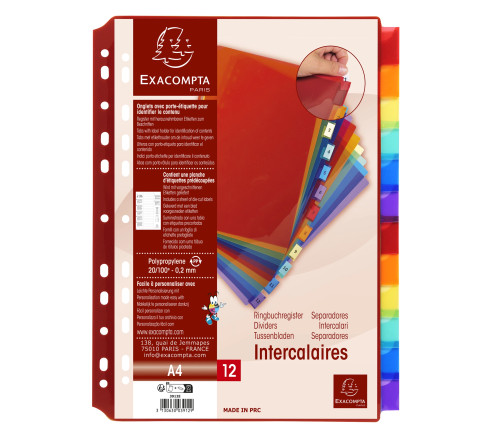 Intercalaires PP transparent couleurs avec porte étiquette A4 12 positions