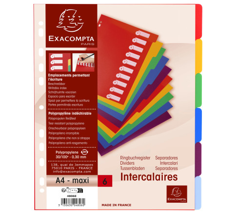 Intercalaires polypropylène opaque semi rigide 6 positions - A4 maxi
