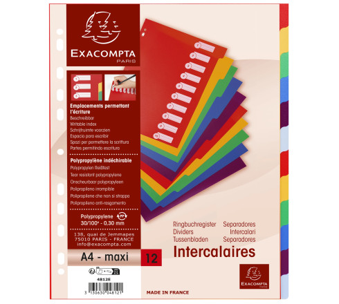 Intercalaires polypropylène opaque semi rigide 12 positions - A4 maxi