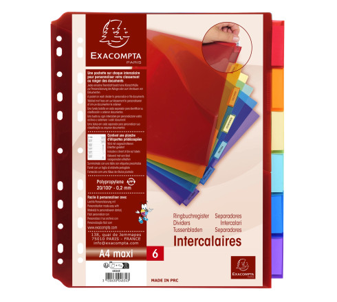 Intercalaires avec pochette polypropylène 6 positions - A4 maxi