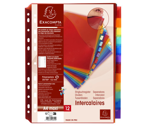 Intercalaires avec pochette polypropylène 12 positions - A4 maxi