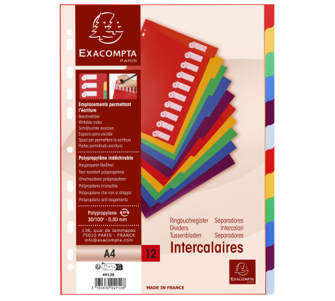 Intercalaires polypropylène opaque semi rigide 12 positions - A4
