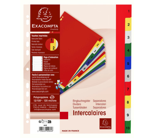 Intercalaires imprimés numériques PP couleurs 12/100e - 10 positions - A4+