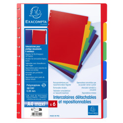 Intercalaires polypropylènes couleurs 6 positions pour porte-vues à anneaux