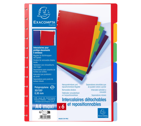 Intercalaires polypropylènes couleurs 6 positions pour porte-vues à anneaux