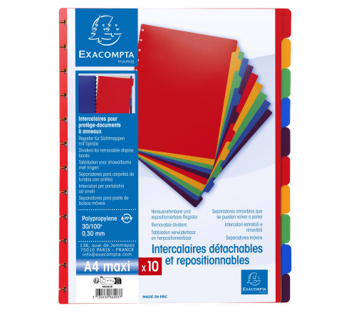 Intercalaires polypropylènes couleurs 10 positions pour porte-vues à anneaux