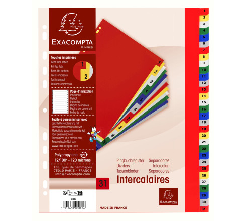 Intercalaires imprimés numériques PP couleurs 12/100e - 31 positions - A4+