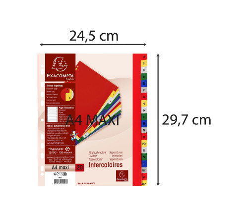 Intercalaires imprimés alphabétique PP couleurs 12/100e - 20 positions - A4+