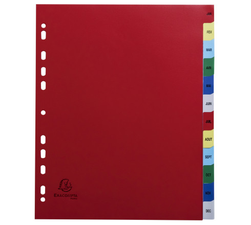 Intercalaires imprimés mensuel PP couleurs 12/100e - 12 positions - A4+