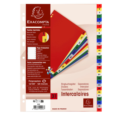 Intercalaires imprimés numériques PP couleurs 31 positions - A4
