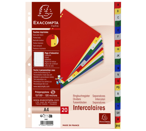 Intercalaires imprimés alphabétiques PP couleurs 12/100 AZ - A4