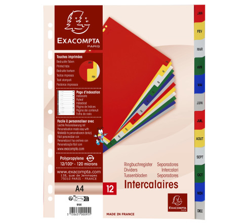 Intercalaires imprimés mensuels PP couleurs Janv-Décembre - A4