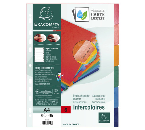 Intercalaires Carte lustrée 225g avec onglets renforcés - 6 positions - A4