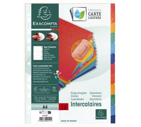Intercalaires Carte lustrée 225g avec onglets renforcés - 12 positions - A4