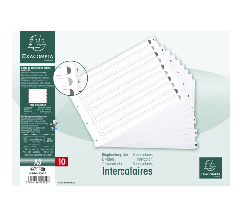 Intercalaires imprimés à touches plastifiées - 10 touches 1 à 10 - A3