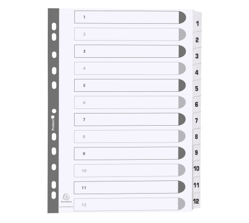 Intercalaires imprimés à touches plastifiées - 12 touches 1 à 12 - A4