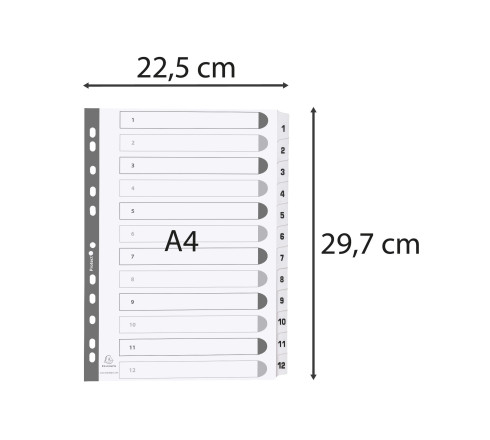 Intercalaires imprimés à touches plastifiées - 12 touches 1 à 12 - A4
