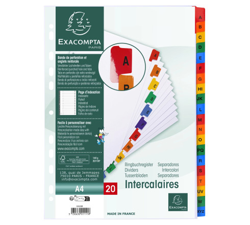 Intercalaires Imprimés alphabétiques carte blanche 160g - 20 positions - A4