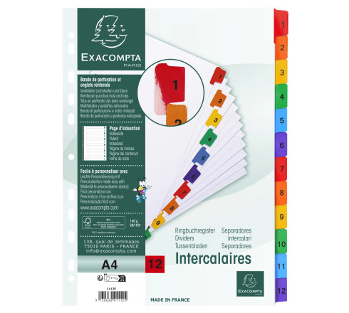 Intercalaires Imprimés numériques carte blanche 160g- 12 positions - A4