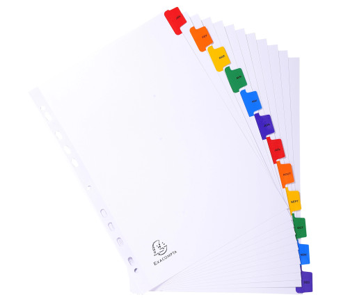 Intercalaires Imprimés mensuels carte blanche 160g - 12 positions - A4