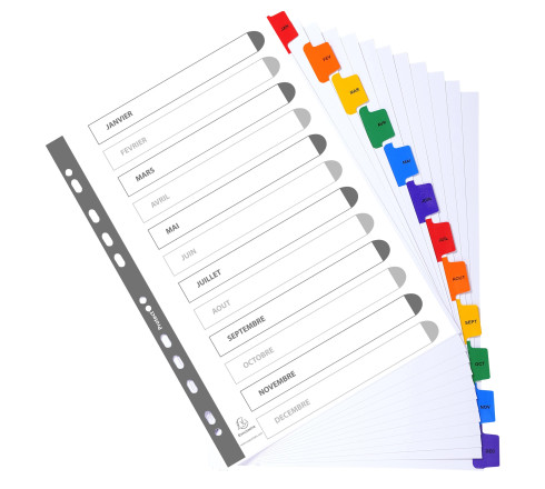 Intercalaires Imprimés mensuels carte blanche 160g - 12 positions - A4