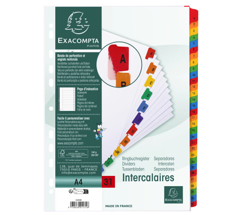 Intercalaires Imprimés numériques carte blanche 160g/renforts couleurs + page de garde - 31 positions - A4