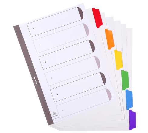 Intercalaires carte blanche 160g avec onglets couleurs renforcés - 6 positions - A4
