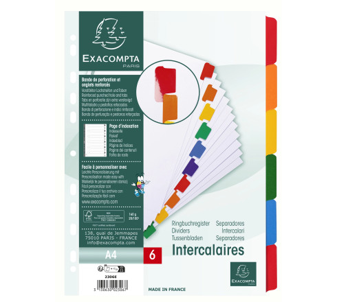 Intercalaires carte blanche 160g avec onglets couleurs renforcés - 6 positions - A4