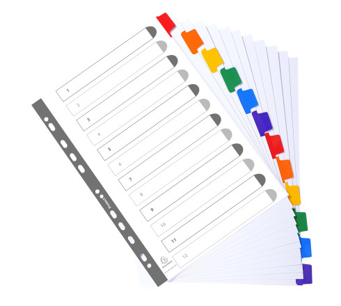 Intercalaires carte blanche 160g avec onglets couleurs renforcés - 12 positions - A4