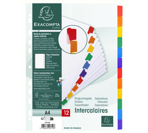 Intercalaires carte blanche 160g avec onglets couleurs renforcés - 12 positions - A4
