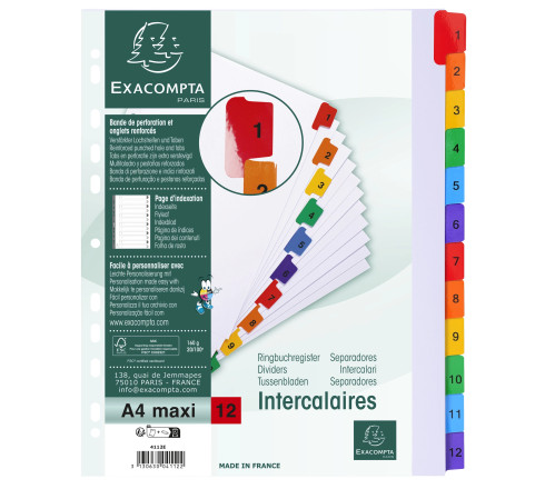 Intercalaires Imprimés numériques carte blanche 160g- 12 positions - A4 Maxi