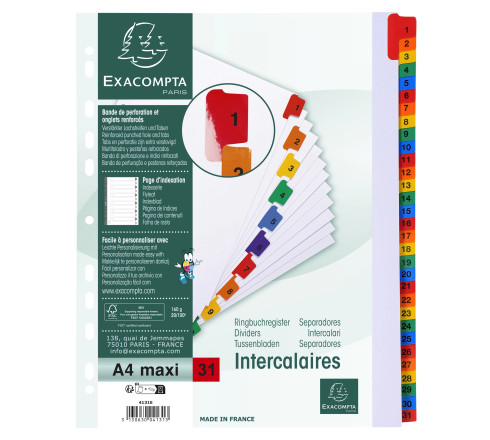 Intercalaires Imprimés numériques carte blanche 160g- 31 positions - A4 Maxi