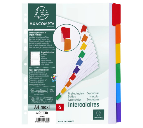 Intercalaires carte blanche 160g - 6 positions - A4+