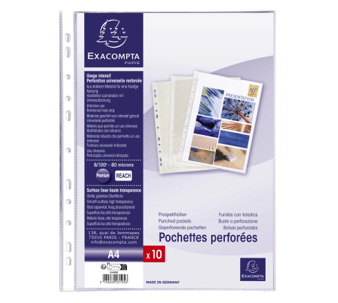 Sachet de 10 pochettes perforées - PVC lisse - A4
