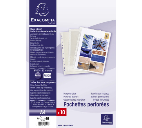 Sachet de 10 pochettes perforées - PVC lisse - A4