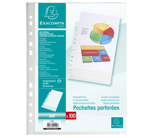 Sachet de 100 pochettes perforées polypropylène grainé 5/100e - A4