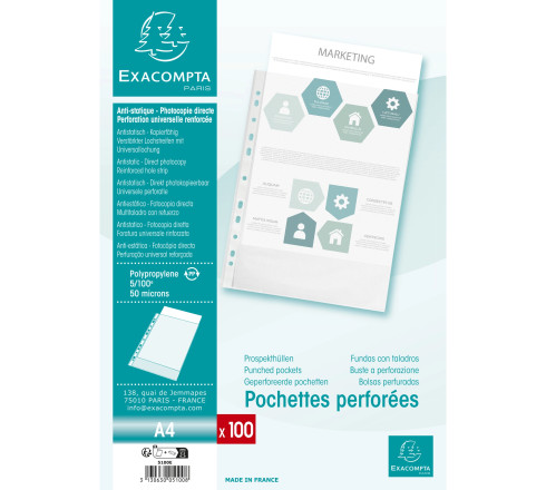 Sachet de 100 pochettes perforées polypropylène grainé 5/100e - A4