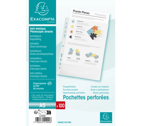 Sachet de 100 pochetttes perforées Polypropylène grainé 5/100e - A5