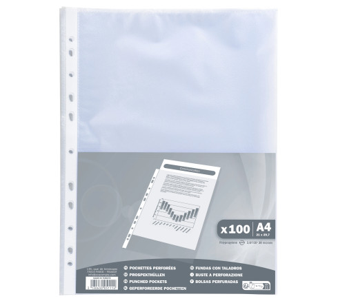 Sachet de 100 pochettes perforées polypropylène Grainé 38 microns - A4