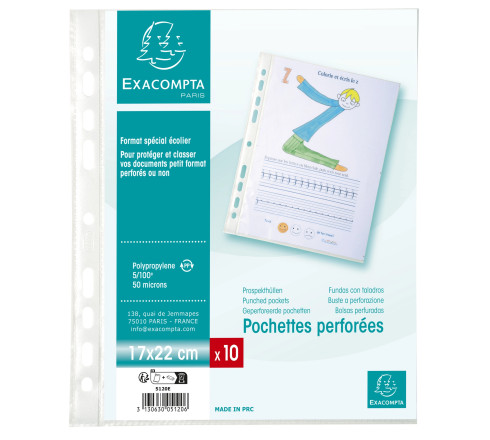 Sachet de 10 pochettes perforées polypropylène grainé format écolier - 17x22cm