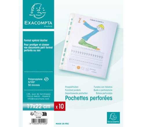 Sachet de 10 pochettes perforées polypropylène grainé format écolier - 17x22cm